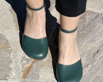 Mary Jane Barfußsandalen, grüne echte Ledersandale, minimalistische Schuhe, breite Sandalen für Frauen