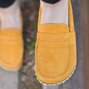 Womens Grounding Shoes, Barefoot Shoes Women, Leather Sole, New Suede Yellow, Grounding Shoes Copper