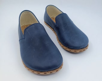 Zapatos de hombre azules de cuero genuino descalzo, cómodo diseño minimalista para uso diario y caminar, regalo de Navidad para ella