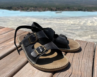 Handmade Leather Barefoot Sandals, Black Minimalist Shoes, Wide Toe