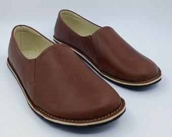 Minimalist Brown Leather Barefoot Shoes: Rubber Sole Moccasins