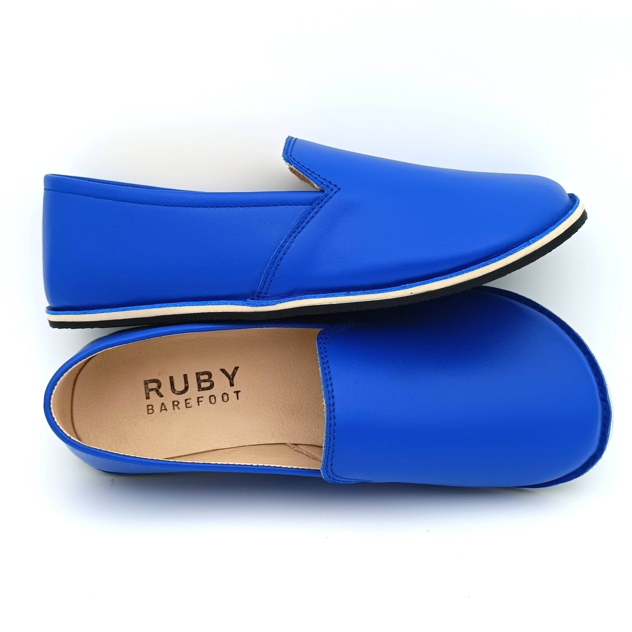Handmade Leather Barefoot Shoes: Blue Rubber Sole Moccasins