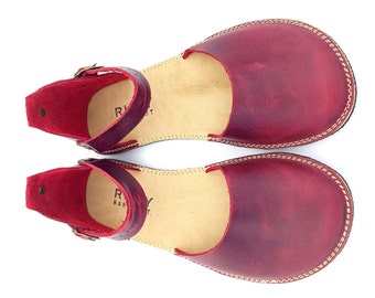 Burgundy Minimalist Barefoot Handmade Leather Women Sandal, Comfortable Wider, Flexible Rubber Sole.