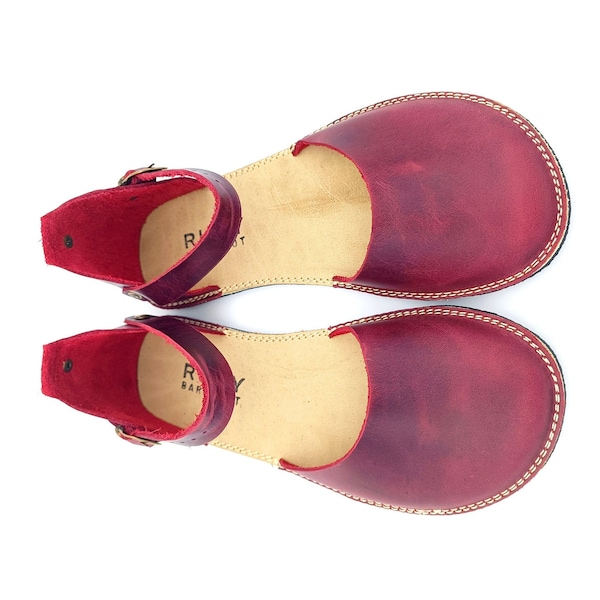 Burgundy Minimalist Barefoot Handmade Leather Women Sandal, Comfortable Wider, Flexible Rubber Sole.