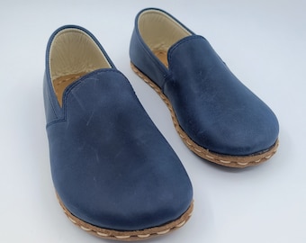 Grounding Shoes Dam: Marinblå Lädermockasiner, Barfota Loafers