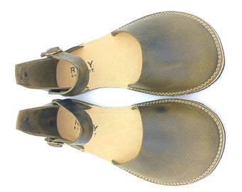 Green Minimalist Barefoot Handmade Leather Women Sandals, Comfortable Wider, Flexible Rubber Sole.