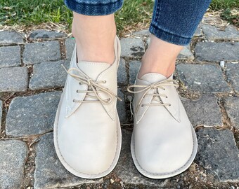 Handmade Beige Leather Oxford Shoes: Wide Toe Box, Zero Drop Sole