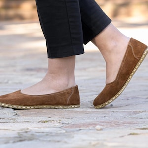Brown Suede Flats with Grounding Sole, Earthing Barefoot Shoes, Wide Toe Box, Copper Rivets, Leather Sole