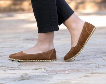Handmade Brown Suede Barefoot Flats, Wide Toe, Copper Grounding