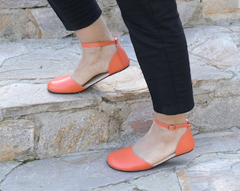 Barefoot Mary Jane Sandals, Orange Genuine Leather Sandal, Minimalist Shoes, Wide Sandals For Women