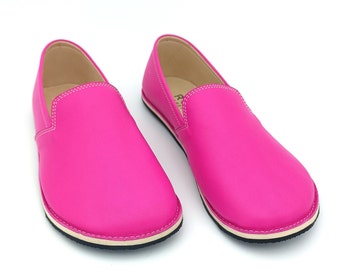 Pink Minimalist Barefoot Handmade Soft Leather Women Shoes, Moccasins, Comfortable Wider, Flexible Rubber Sole.