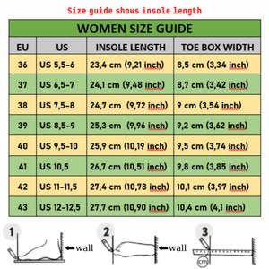 Peut inclure: Un tableau indiquant les tailles de chaussures pour femmes en tailles US et EU, ainsi que la longueur de la semelle int&eacute;rieure et la largeur de la bo&icirc;te &agrave; orteils en centim&egrave;tres et en pouces. Le tableau est intitul&eacute; "Guide des tailles pour femmes".