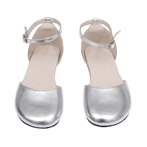Womens Mary Jane Barefoot Sandals, Wide Minimalist Sandal in Brown Genuine Leather, Comfortable Everyday Shoes Silver