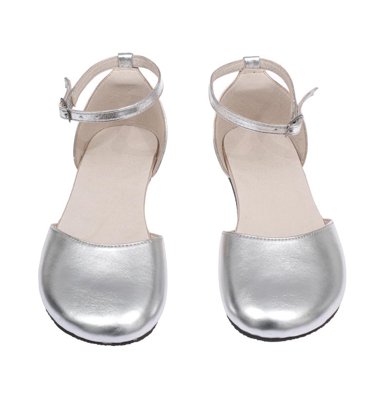 Womens Mary Jane Barefoot Sandals, Wide Minimalist Sandal in Brown Genuine Leather, Comfortable Everyday Shoes Silver