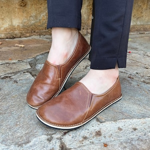 Barefoot schoenen dames, bruine minimalistische loafer, mocassins met rubberen zool, brede neus, comfortabele instapper, kerstcadeau