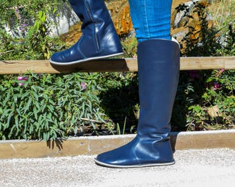 Handmade Barefoot Winter Long Boots, Navyblue Genuine Leather, Wide Toe, Zero Drop