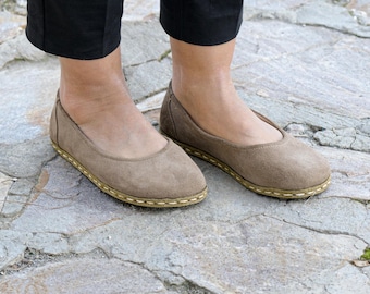 Copper Earthing Barefoot Flats: Taupe Suede Grounding Shoes