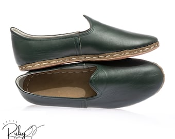 Green Women Turkish Shoes, Handmade Flat shoe,  Olive Leather Slip On, Casual Moccasins