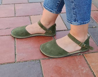 Mary Jane Barefoot Sandals, Suede Green Leather, Wide Toe Box Mary Janes
