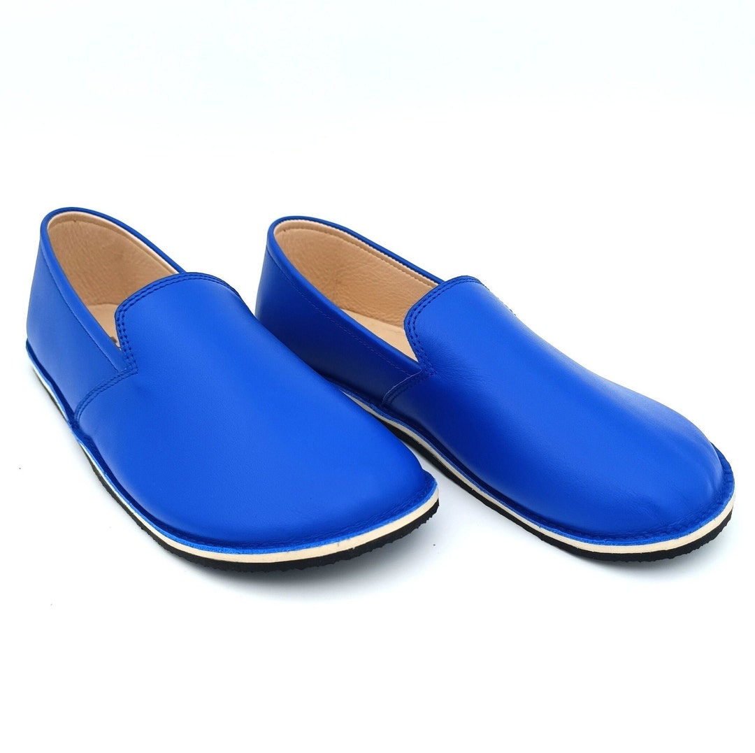 Blue Barefoot Shoes Women, Minimalist Rubber Sole Moccasins, Narrow Heel Wide Toe Box Comfy Slip