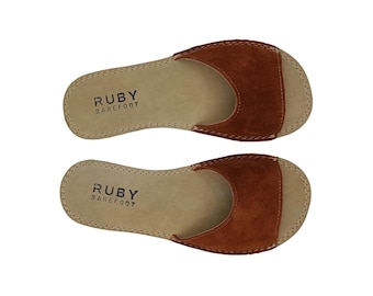 Pantoufles minimalistes pour femmes – Mules minimalistes en cuir suédé marron, bout large, style de vie minimaliste