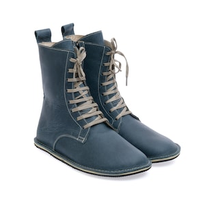 Women Boots wide Zero Drop Barefoot Blue Leather Handmade, Natural, Colorful, Leather Insole, Rubber Outsole