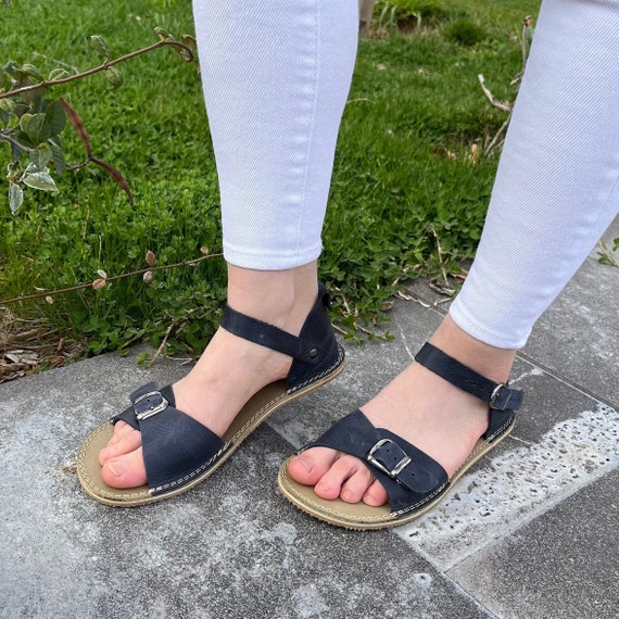 Womens Barefoot Sandals, Genuine Leather Navy Blue Sandal