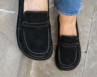 Black Leather Barefoot Shoes Women, Wide Toe Box Minimalist Handmade Zero Drop Shoe