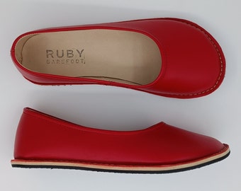 Red Ballet Flats Barefoot Shoes Women, Extra Wide Minimalist Leather Ballet Shoe, Zero Drop Rubber Sole Slip On