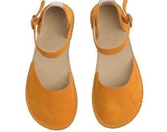 Sustainable Barefoot Sandals, Mary Jane Barefoot Suede Leather Yellow Sandals, Minimalist Shoes, Wide Sandals For Women