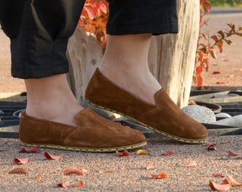 Barefoot Grounding Loafers Women, Leather Sole, Copper Earthing, Brown Genuine Suede Leather