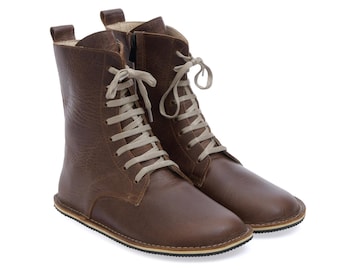 Handmade Brown Leather Barefoot Boots: Wide Toe, Zero Drop Sole