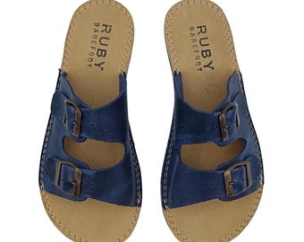 Navy Blue Barefoot Slippers, Sustainable Barefoot Sandals, Wide Slipper For Women