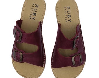 Burgundy Leather Barefoot Sandals, Wide Toe Box, Minimalist Women's Slides