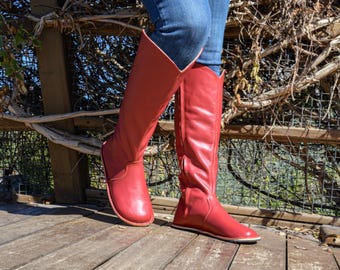Red Genuine Leather Barefoot Boots: Women Winter Boots, Rubber Sole, Wide Toe Box