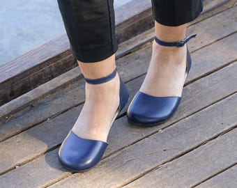Mary Jane Barefoot Sandals, Wide-Toe Flat Minimalist Sandal, Navy Blue Genuine Leather