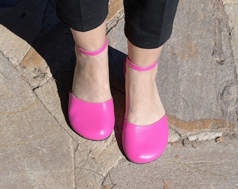Women’s Barefoot Mary Jane Sandals, Wide Minimalist Sandals in Pink Genuine Leather, Comfortable Everyday Shoes