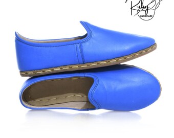 Handmade Blue Leather Moccasins: Turkish Yemeni Slip-On Shoes
