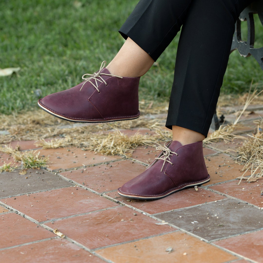 Burgundy Leather Barefoot Boots: Handmade Zero Drop Ankle Boots Burgundy Leather Barefoot Boots: Handmade Zero Drop Ankle Boots