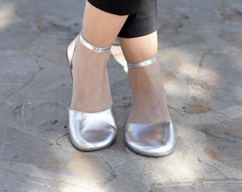 Barefoot Sandals, Silver Mary Jane, Wide Minimalist Sandal in Genuine Leather