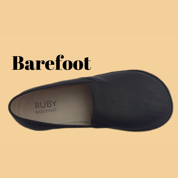 Barefoot Black Shoes Men, Minimalist Rubber Sole Moccasins, Narrow Heel Wide Toe Box Comfy Slip On