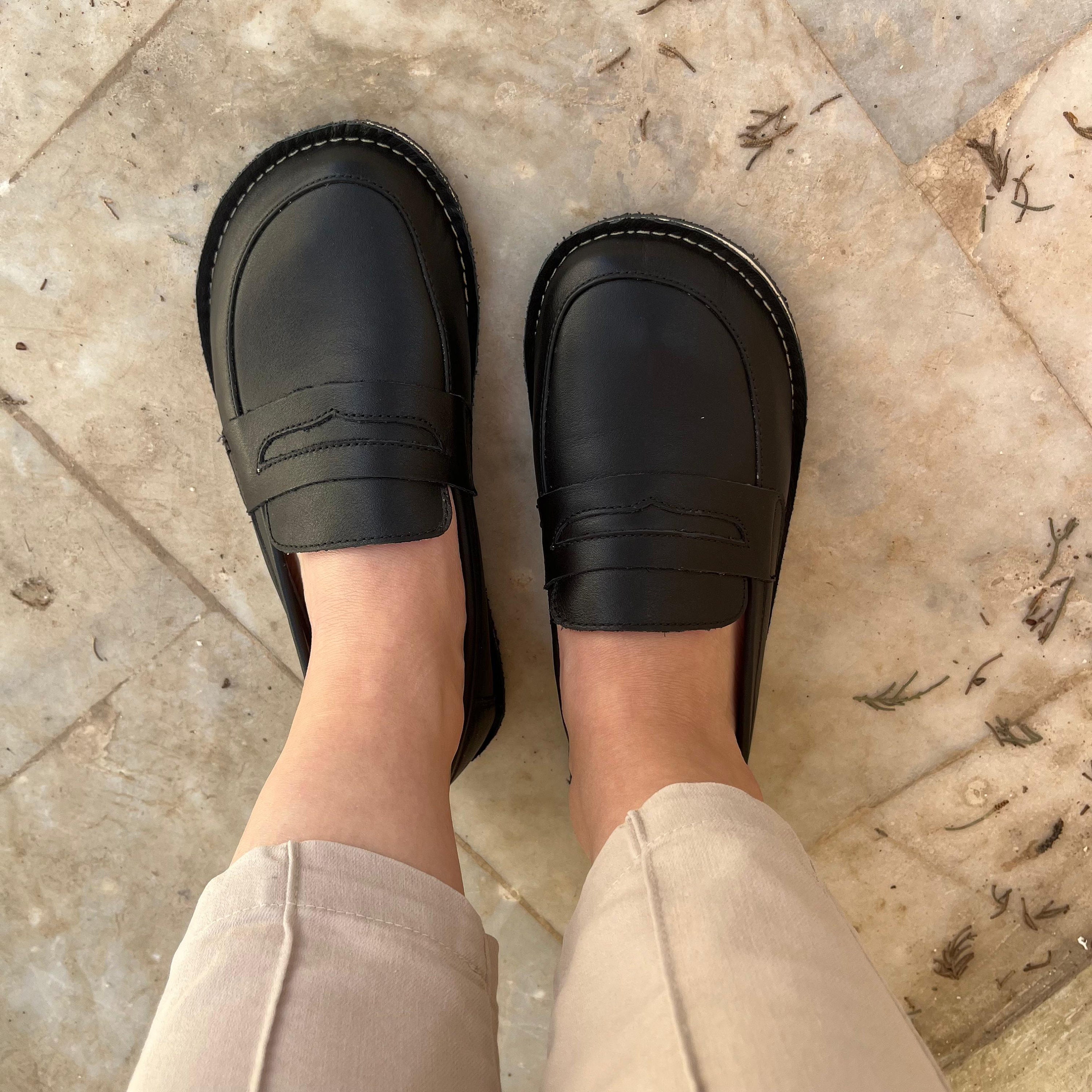Black Leather Barefoot Loafers: Wide Toe Box Zero Drop Shoes 