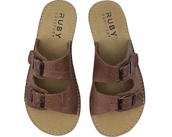 Barefoot Leather Taupe Slippers, Sustainable Barefoot Sandals, Wide Slipper For Women