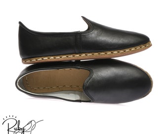 Black Women Handmade Turkish Shoes, Hand Stitched Flat Leather moccasins, Yemeni Rubber Sole