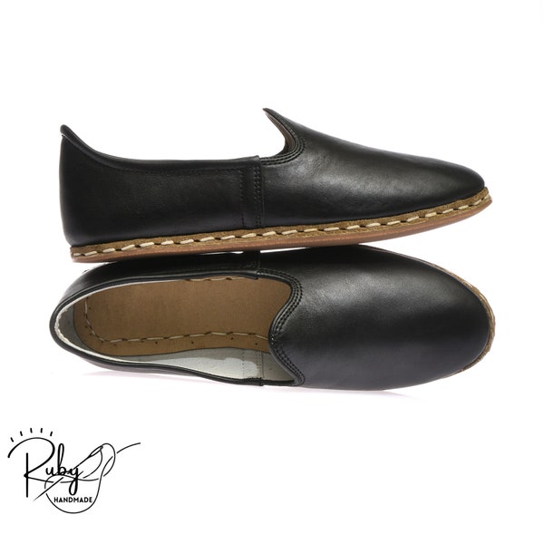 Black Women Handmade Turkish Shoes, Hand Stitched Flat Leather moccasins, Yemeni Rubber Sole