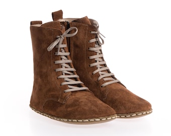 Botas descalzas con cordones de cobre Grounding, puntera ancha, caída cero, piel de ante marrón.