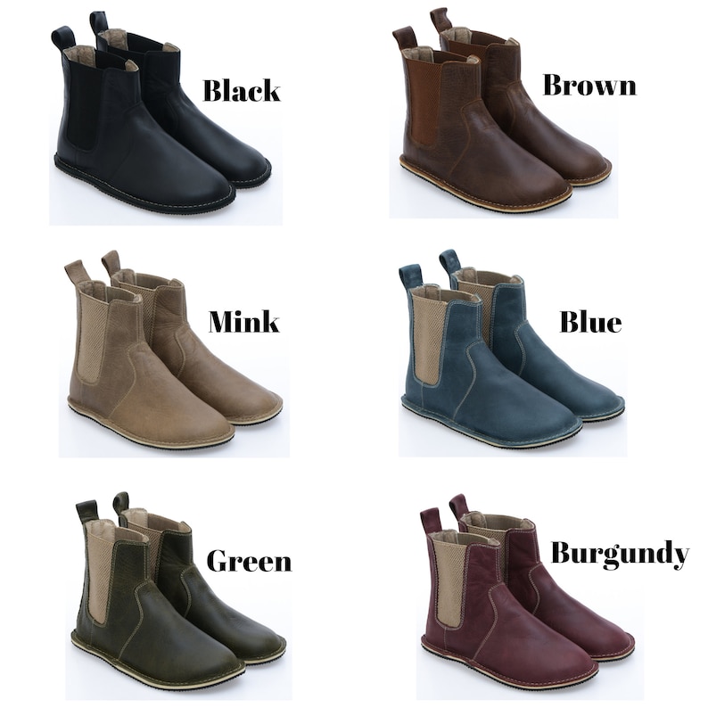 Puede incluir: Un conjunto de seis pares de botines de tobillo en varios colores, incluyendo negro, marr&oacute;n, vis&oacute;n, azul, verde y burdeos. Cada par est&aacute; hecho de cuero y tiene un dise&ntilde;o simple y cl&aacute;sico.