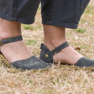Women Grounding Sandals, Gray Suede Genuine Leather Barefoot Style, Copper Rivet Earthing