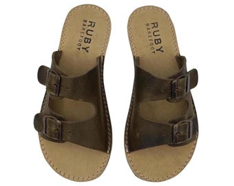 Green Barefoot Leather Slippers, Sustainable Barefoot Sandals, Wide Slipper For Women