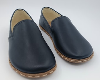 Black Leather Barefoot Loafers: Wide Toe Box Moccasins